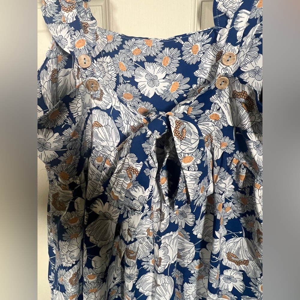KORI NWT Blue Floral Wide Leg Jumpsuit Ruffle Strap Tie Front Boho medium - Picture 6 of 10